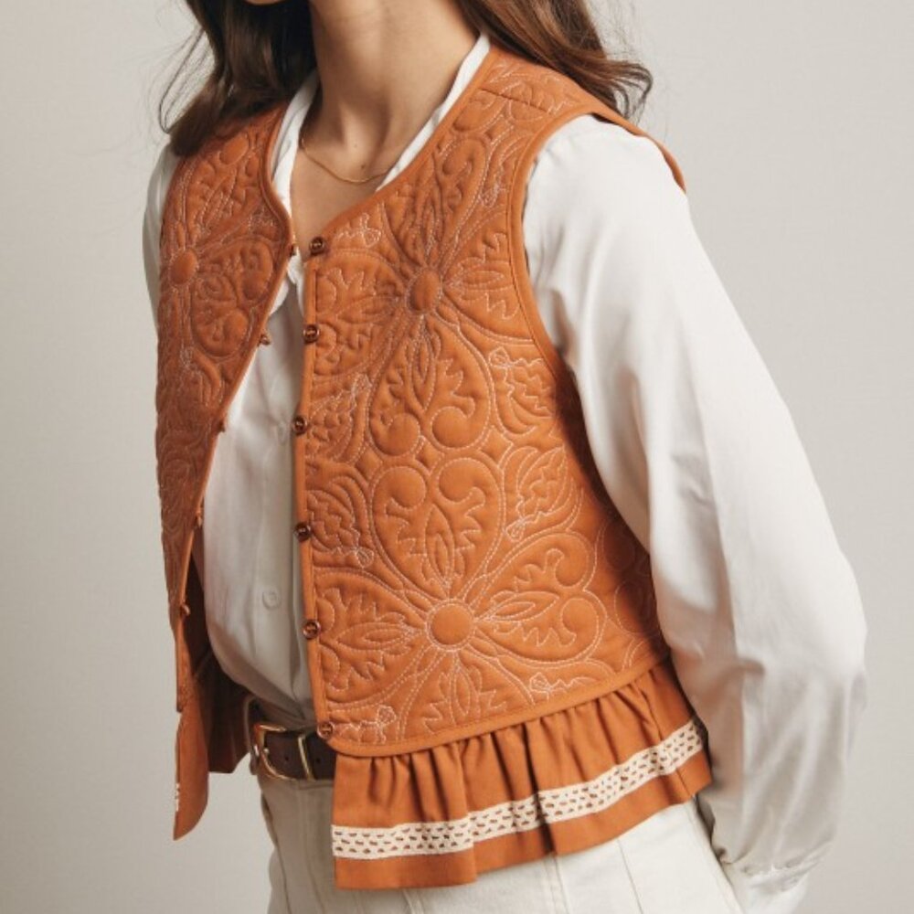 Quilted Peplum Vest with Lace Trim in Terracotta | Western Boho - Picture 2 of 15